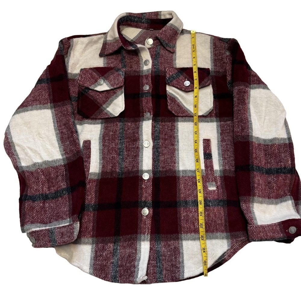 Flannel Shirt Jacket Shacket Coat Size XS Plaid Red White Black Cream Pockets - Picture 12 of 15